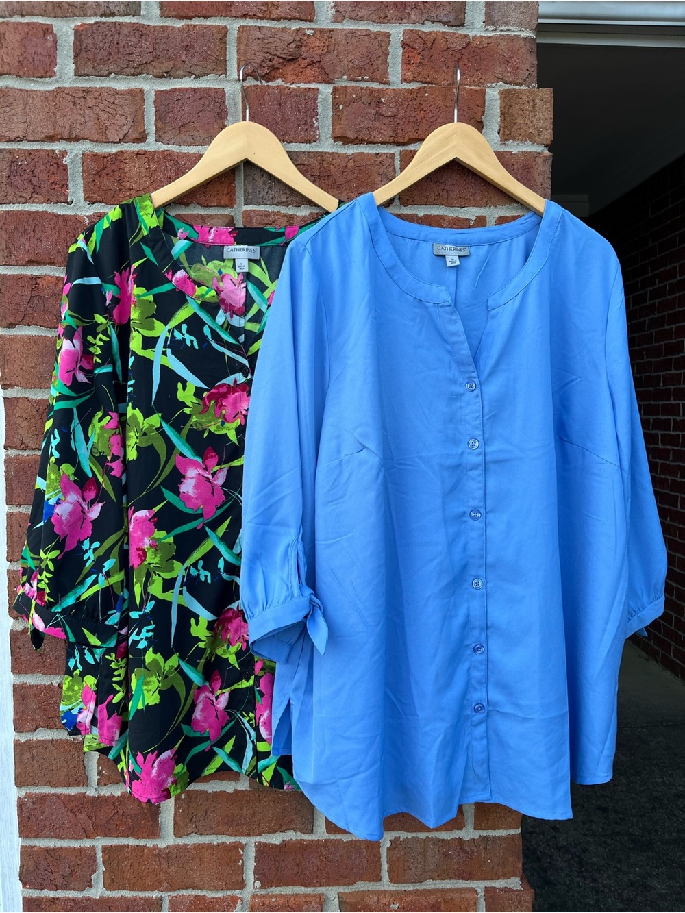 Catherines Blue Button-Front Blouse & Floral Black Multicolor Tops